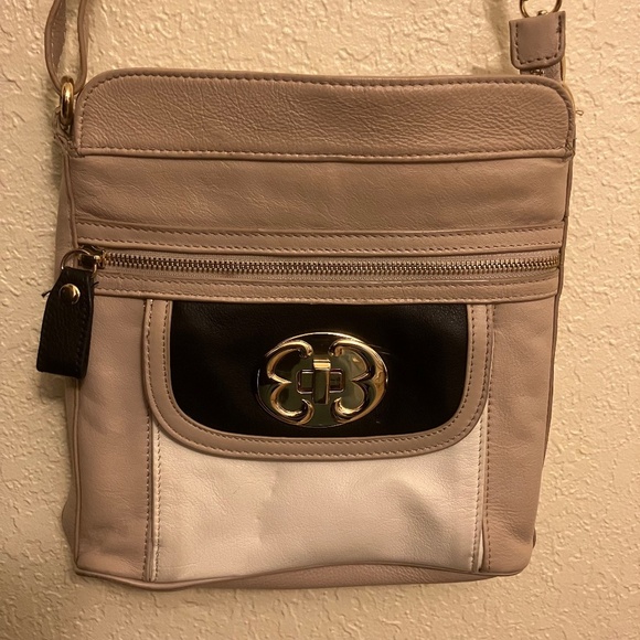 Emma Fox Tan Leather Crossbody Bag With Cream & Black Accent Colors 10" x 10" - Picture 1 of 11